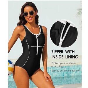 Athletic One Piece Swimsuit Zipper Racerback Bathing Suit Swimwear
